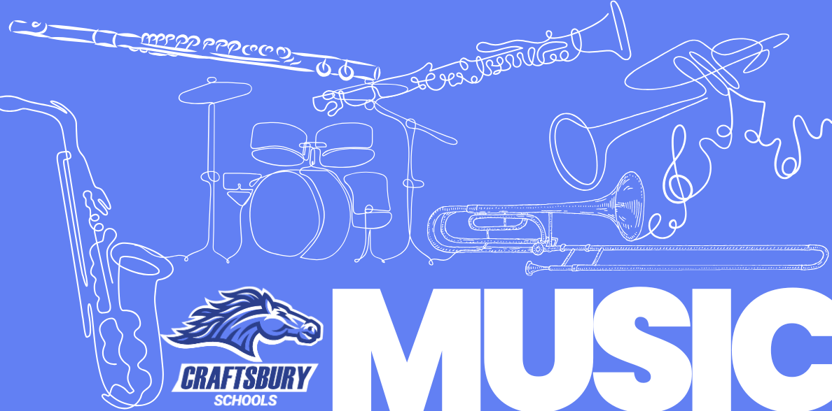 music graphic with continuous line drawings of musical instruments